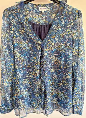 BRORA Silk Blouse Liberty Print Blue Floral Sheer Chiffon Lined Size 14 Frills