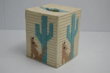 Vintage Cross Stitch Tissue Box Cover Square Vertical Coyote & Saguaro Southwest