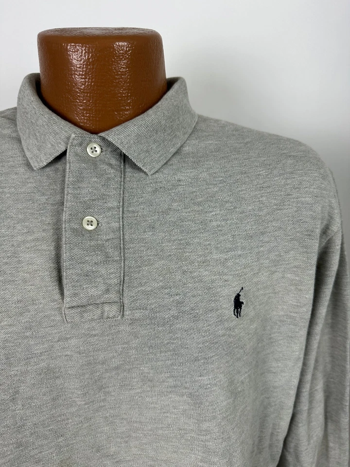 Vintage Ralph Lauren Polo Shirt Men XL Long Sleeve Pique Knit Heather Gray Pony - Image 2 of 4