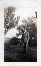WW2 Photo of Army Soldier Standing Full Length in Yard with Trees