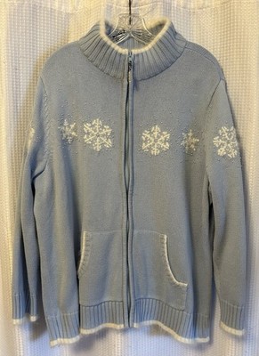 Vintage Quacker Factory Nordic Snowflake Sweater Zip Cardigan Blue Womens 1X