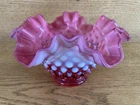 Vintage Fenton Cranberry Opalescent Hobnail Vase W/Ruffled Edge Bowl 4" x 7”