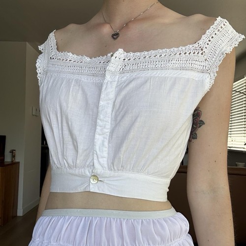 Antique Edwardian White Cotton Corset Cover Crochet Yoke Monogram R