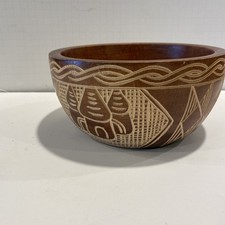 Wooden Carved Bowl With Houses 4 Inches Tall 8 Inches Across  