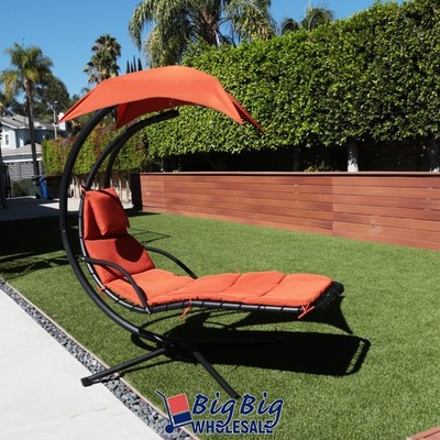 Patio Hanging Chaise Swing Lounge Chair Cushion Orange Outdoor Canopy Arc Stand