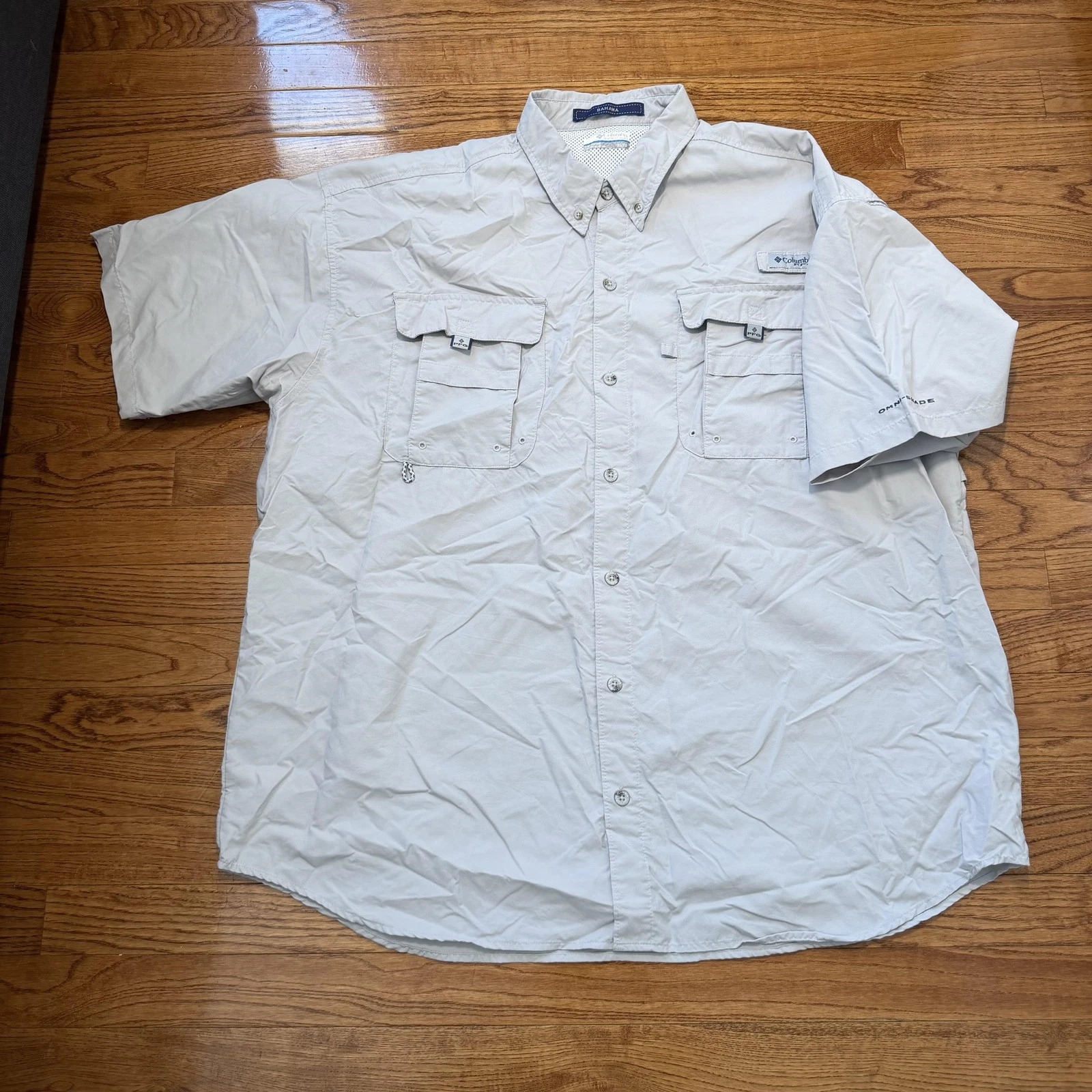 Columbia PFG Shirt Mens XL Beige Bahama Omni-Shade Short Sleeve Vented Fishing