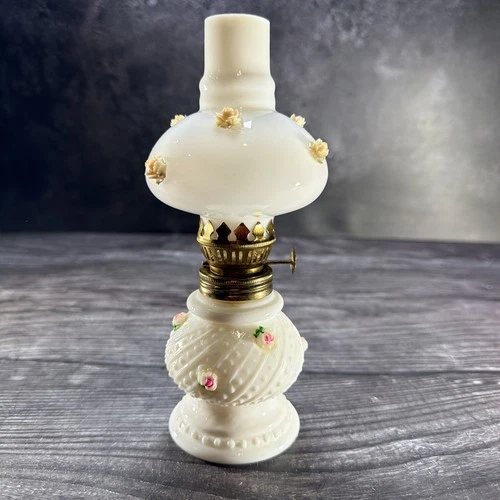 Vtg Mini White Hobnail Milk Glass Hurricane Oil Lamp Applied Roses 7.5"H