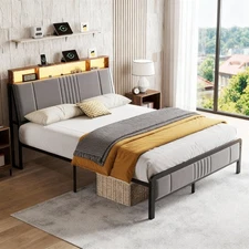 Metal Bed frame Twin Platform Bed w/ 2-Tier Storage & Ergonomic Velvet Headboard