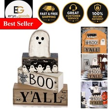 Charming 4-Pc Halloween Wooden Block Set with Floating Ghost - Rustic Home Decor