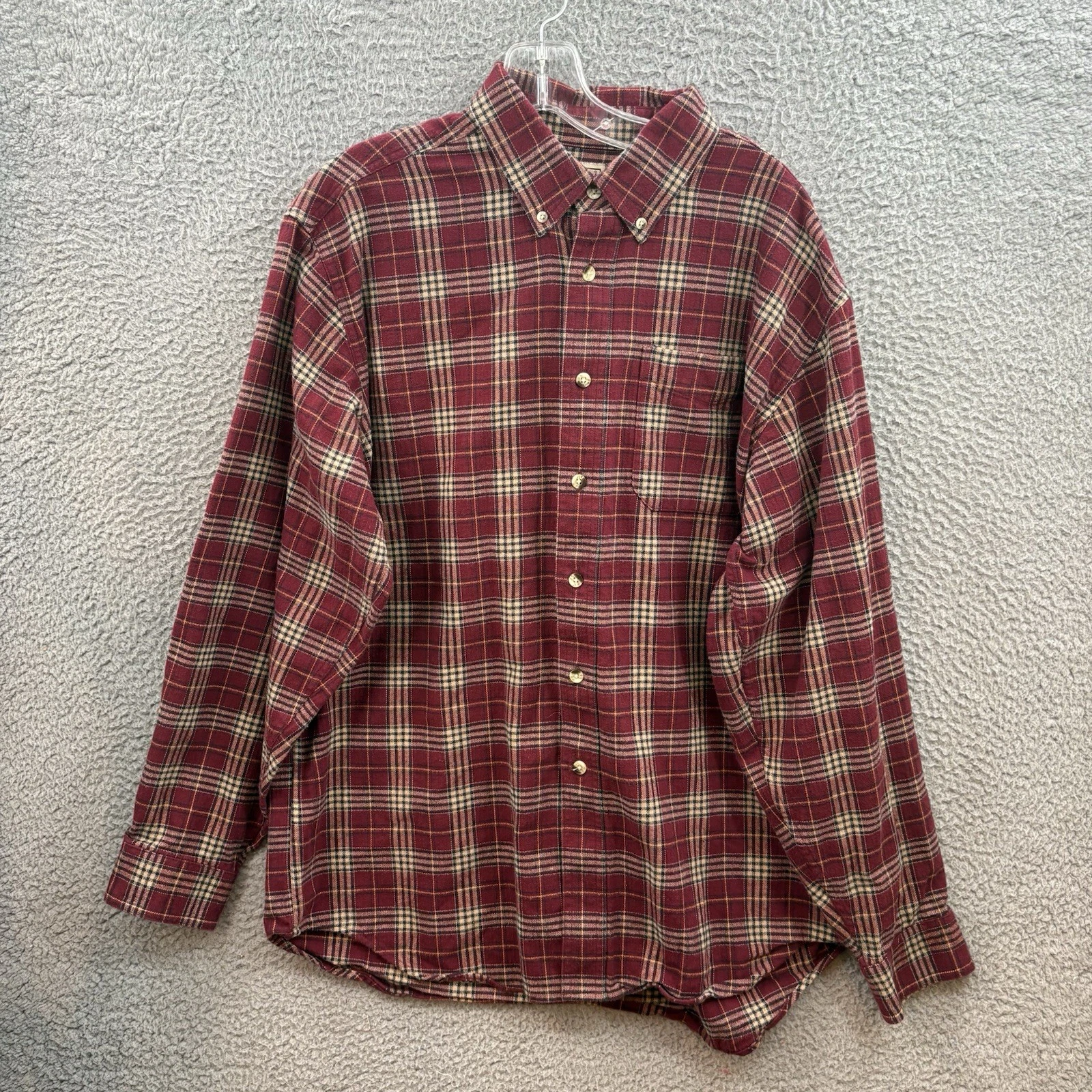LL Bean Flannel Shirt Mens Large Burgundy Plaid Long Sleeve Button Up Outdoors
