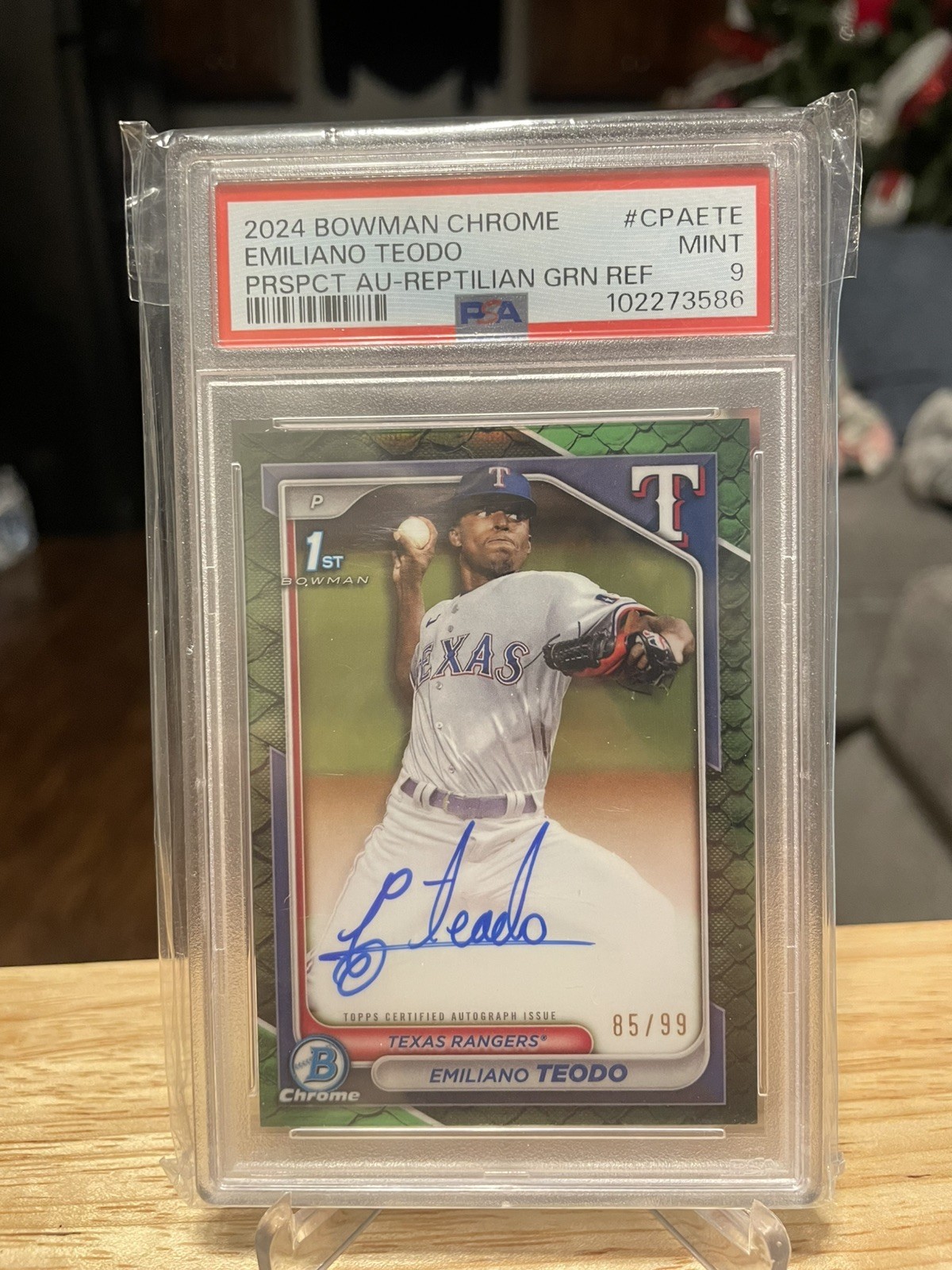 2024 Bowman Chrome Emiliano Teodo 1st Green Reptilian Auto /99 Texas Rangers
