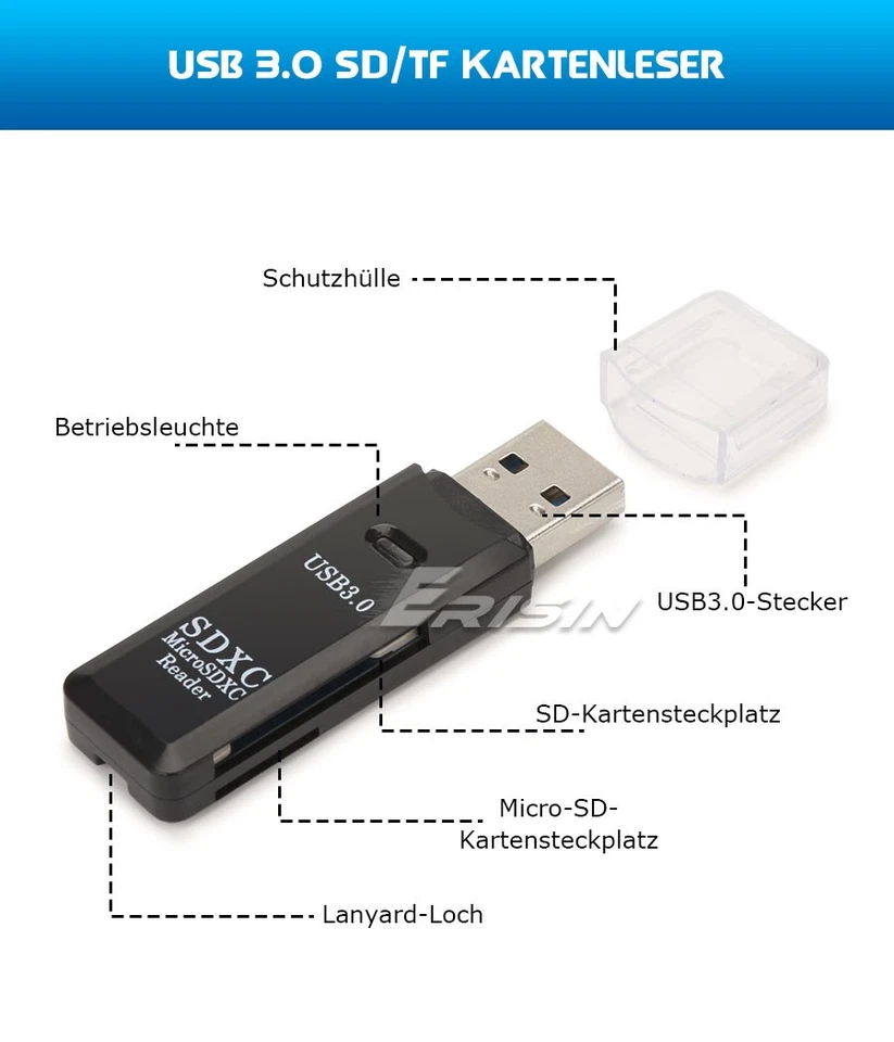 Erisin 2-in-1 USB 3.0 Kartenlesegerät Card Reader Adapter SDXC TF SDHC Micro SD - Bild 3 von 4