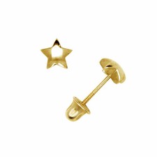 High Polished Puffed Star Shape Child Stud Earrings Screw Back 14K Yellow Gold