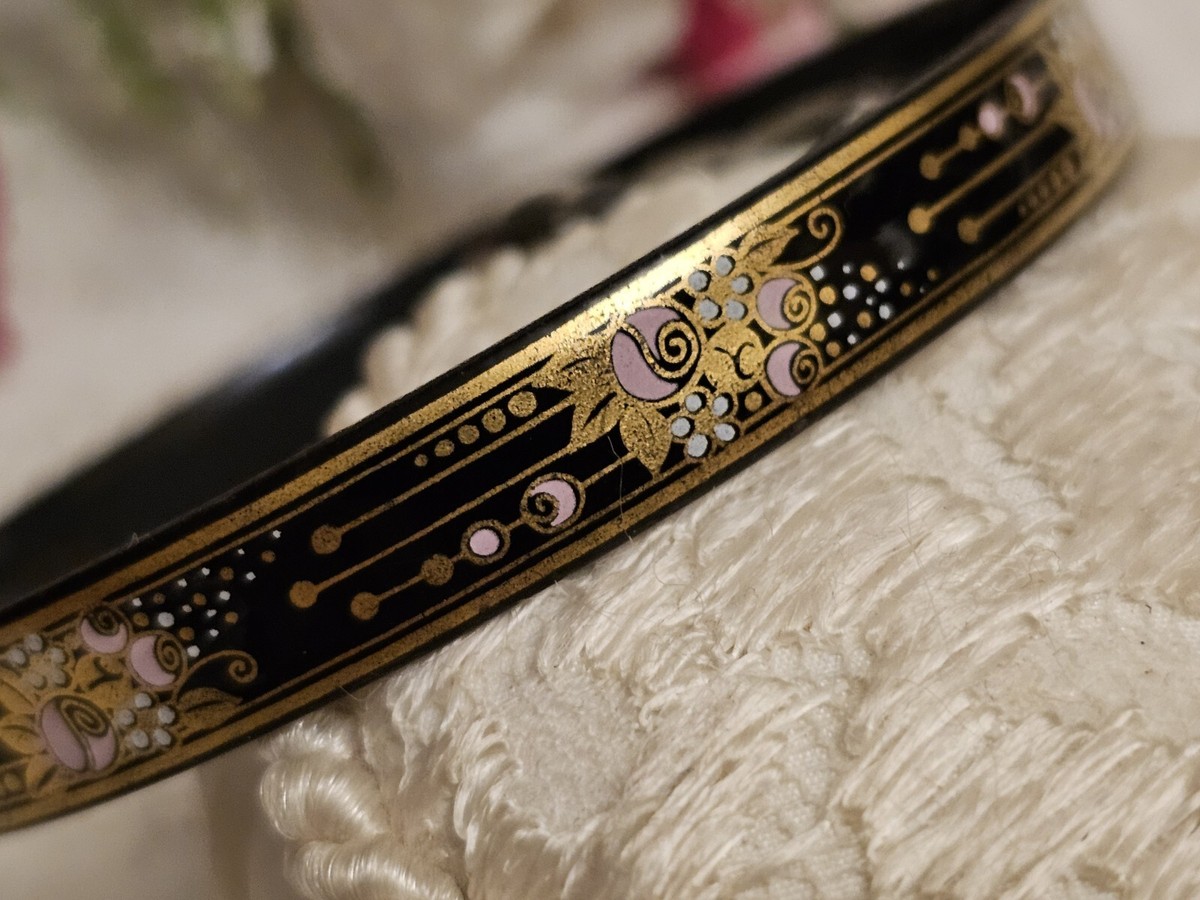 Vintage MICHAELA FREY Austria Black Gold Pink Enameled Metal