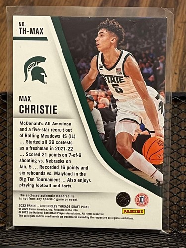 MAX CHRISTIE 2022-23 CHRONICLES THREADS MICHIGAN STATE ROOKIE JERSEY PATCH RELIC - Picture 2 of 2