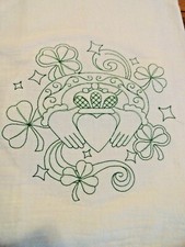 ST PATRICKS DAY CLADDAGH DESIGN FLOUR SACK IRISH KITCHEN TOWEL EMBROIDERY