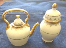 Vintage M R Limoges France Miniature Tea Pot Kettle Jar w/ Lids Gold Trim