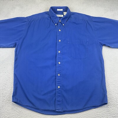 Steeple Chase Button Up Shirt Mens Large Blue Cotton Short Sleeve Heavyweight