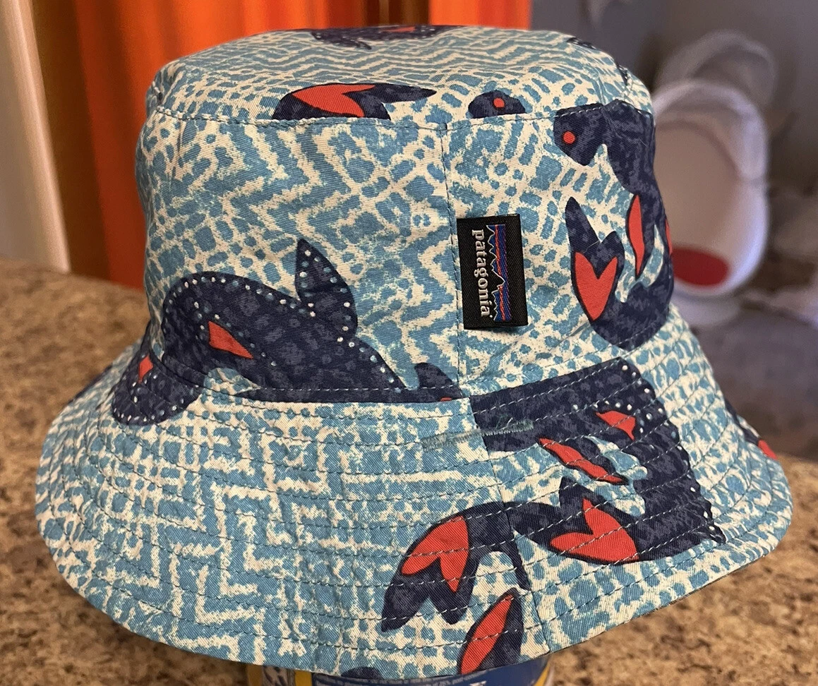 Patagonia Bucket Hat Kids Cap Fish Sharks Print Blue Reversible