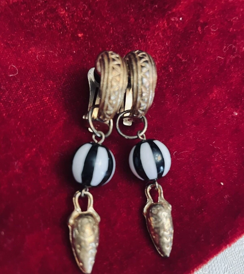 Retro Clip-on Earrings Etruscan Revival Stripe Bead + White & Black Drop Clipon - Image 2 of 4