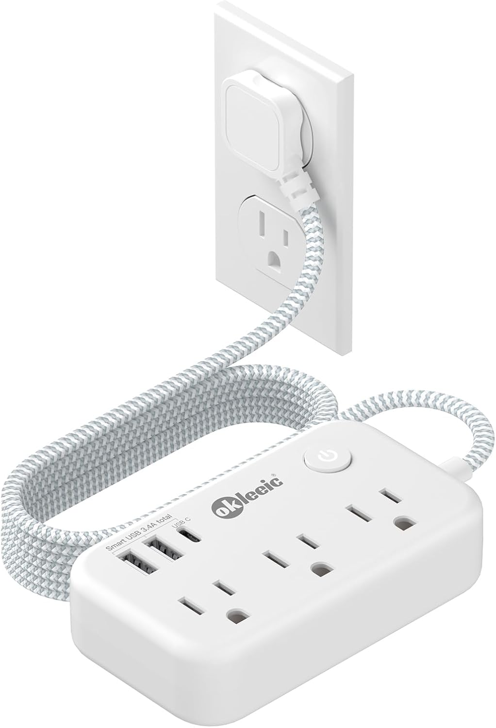Small Extension Cord 5FT with 3 AC Outlets 3 USB (1 USB), Flat Plug Power Strip-image