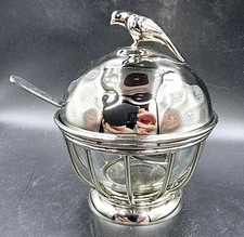 Mary Jurek Bird Condiment Glass Pot Robin Hammered Metal Spoon Stamp MJ 5" x 4"