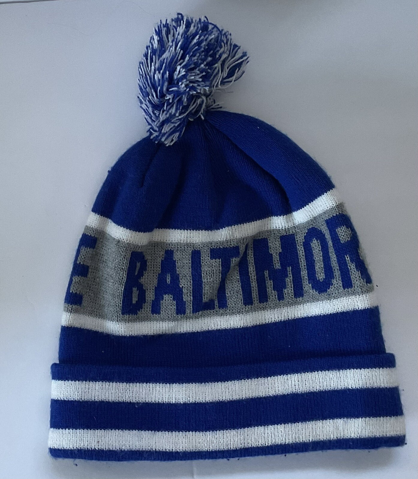 BALTIMORE Winter Hat Cap Beanie Blue Gray White Pom Fuzzy Women / Mens