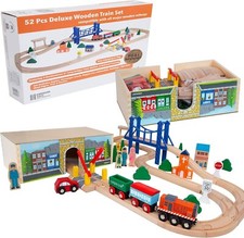 52 Pcs Deluxe Wooden Train Set with Storage Box  Tunnel Compatible with Thomas