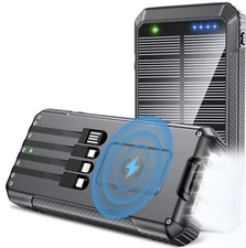 Solar Power Bank Wireless Charger 33800mAh Built in 4 Cables and LED Lights