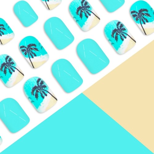 24 Pcs Coconut Tree Press On Nail Seagulls on Nail Short Square False Nail - Picture 6 of 8