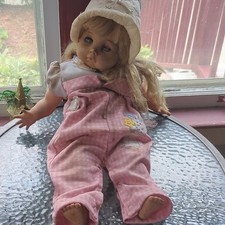 Blonde Wavy Hair Blue-Eyed Vinyl Girl Baby Play Doll w/ Pink Overalls Bonnet