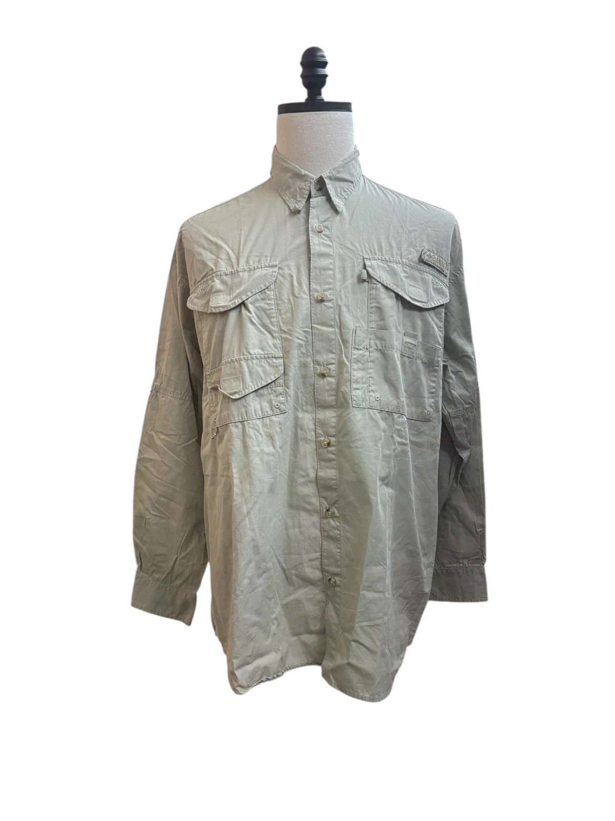 Columbia PFG Fishing Shirt Mens Large Beige Caped Back Mesh Lined Long Sleeve