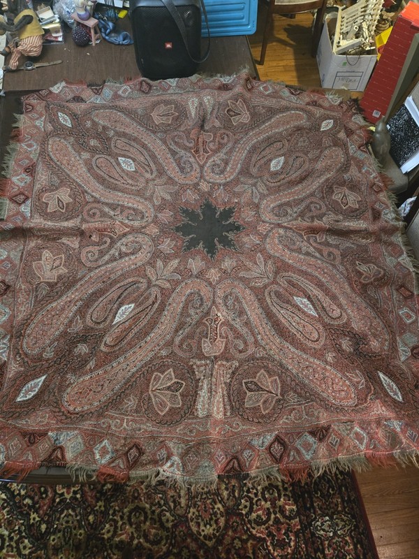 Antique 19thC Paisley Shawl Jacquard Woven Large Victorian Star Center Wool...