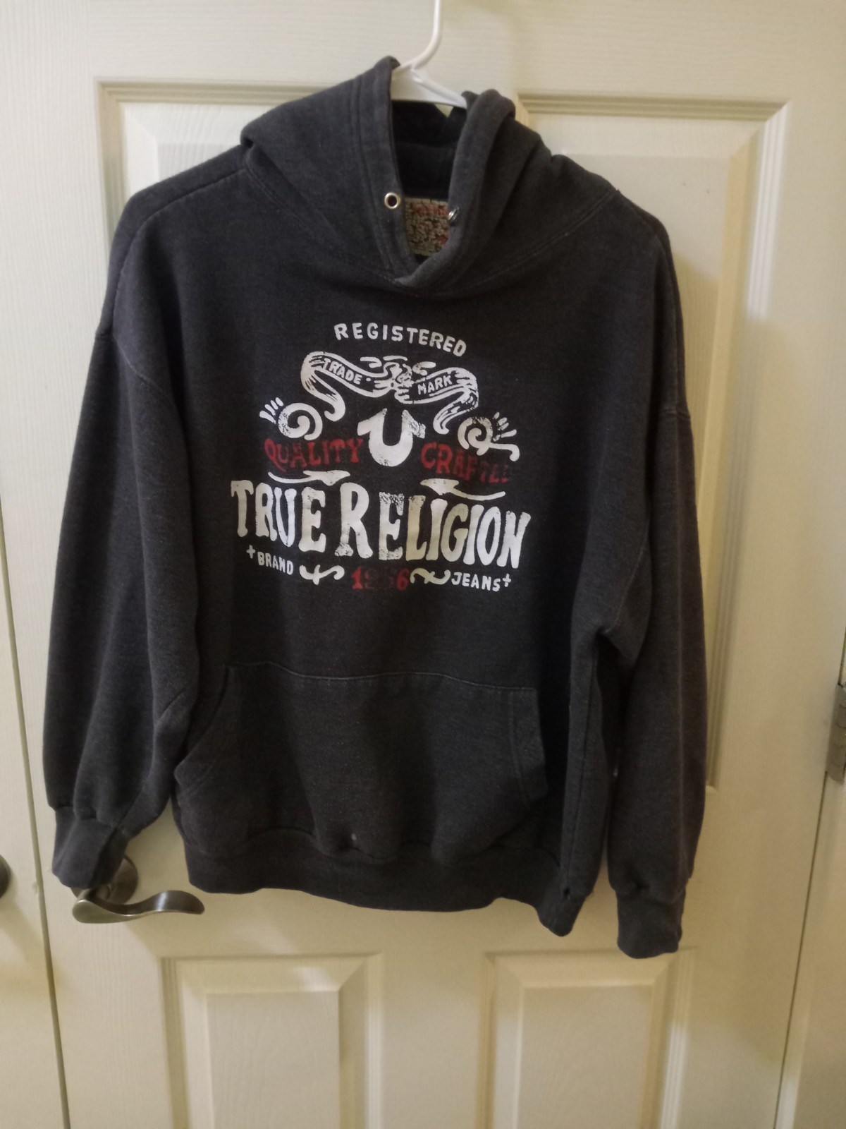 true religion size small pullover hoodie dark gray