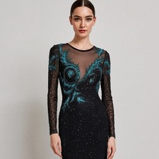 Vintage AJ Bari black Beaded Sequin asymmetrical silk Gown Long Sleeve SZ 8