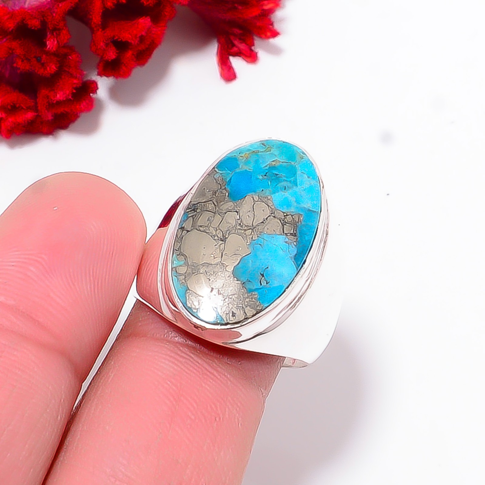Kingman Turquoise With Pyrite Gemstone 925 Sterling Silver Ring S.9 R11918