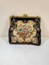 Vintage 1940s Petit Point Tapestry Handbag Black Gold Crown Clasp Czech Purse