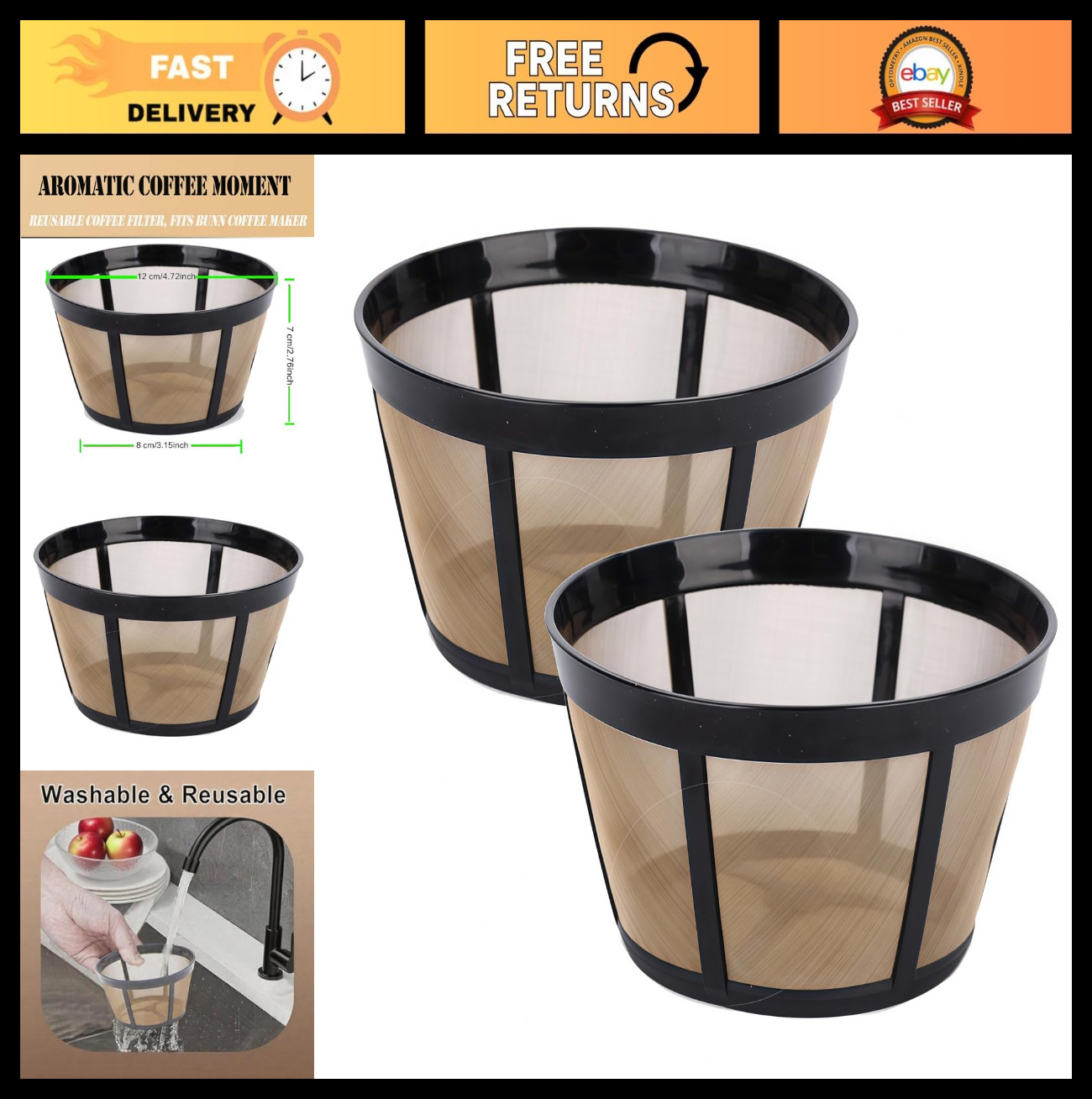 Reusable Coffee Filter for BUNN Coffee Maker, 2PCS Permanent Basket Filters