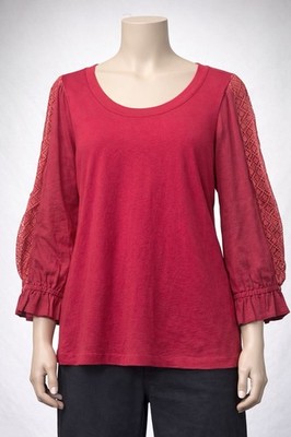 Free People No Frills Lace Inset Balloon Sleeve Pink Tunic Top Small Boho Hippie