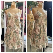 Vintage 90s Floral Print Nightgown Mini Slip Dress Ivory Pink Lace Lingerie S/M
