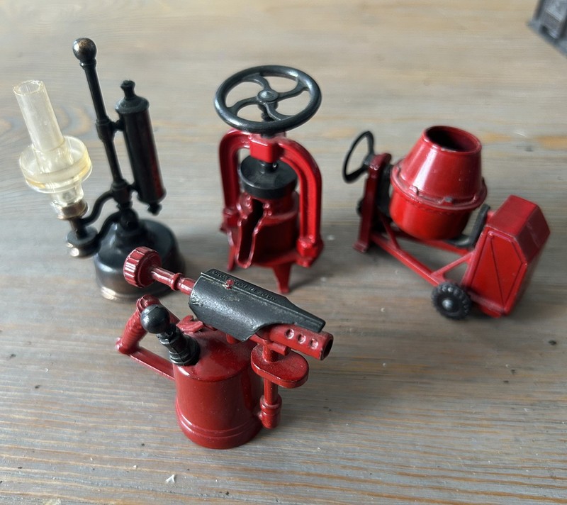 Lot Vintage DieCast Pencil Sharpeners Fruit Press Blow Torch Cement Mixer Lamp