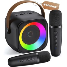 Mini Karaoke Machine Bluetooth Speaker 2 Wireless Mics Party Lights