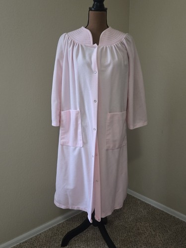 Vintage Appel Midi Robe House Coat Women Pink Pockets Fleece Small Pearl Snap - Picture 6 of 6
