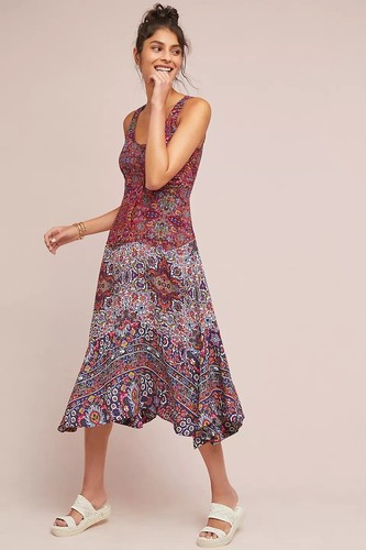 Anthropologie Maeve VIOLETTE Midi Dress Handkerchief Hem 4P Bohemian Multi