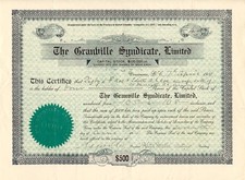 CANADA 1910 THE GRANVILLE SYNDICATE Ltd. Zertifikat Nr. 58 &uuml;ber 4 Gr&uuml;nder-Aktien