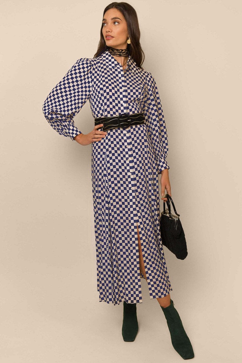 国内発| RIXO Maddison チェックボード シャツドレス Navy New Rixo Maddison Navy Cream Checkerboard Midi Shirt Dress