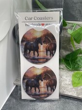 2 PC Car Cup Holder Coaster Set 2.75" Anti Slip Silicone Back New Horses 6