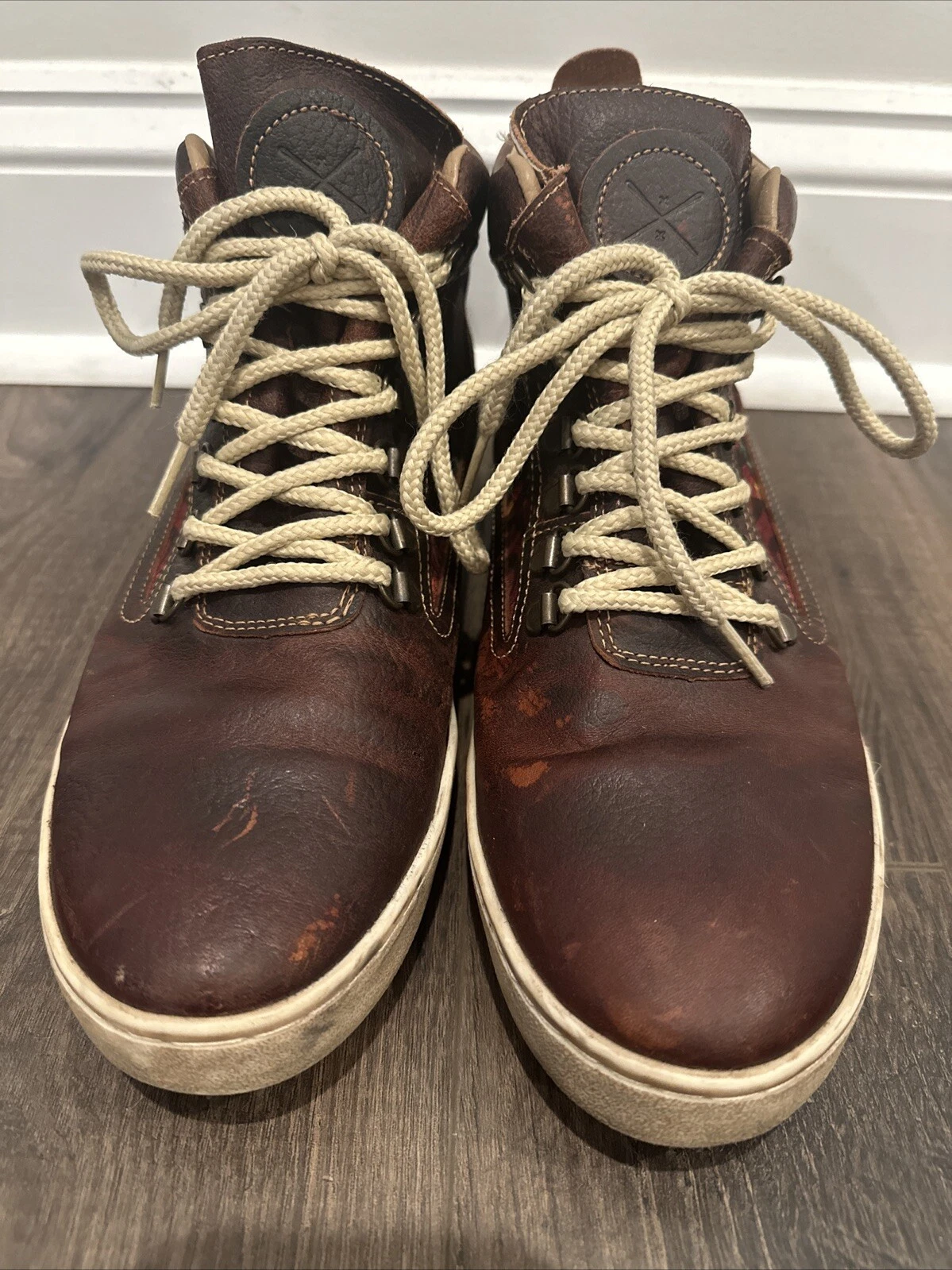 Inkkas Rooster Camping Brown Floral Leather Lace Up Boots Womens Size: 13W