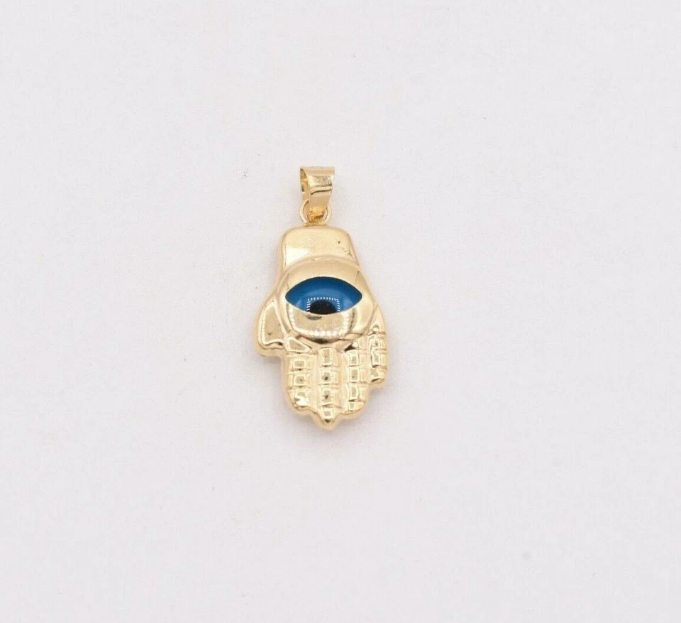 Colgante Hamsa Mano Cabalá Océano Azul Mal de Ojo Dije Oro Amarillo 14K Real