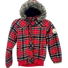Liguo Girl Red  Black Plaid Hooded Jacket Size Medium Classic  Versatile